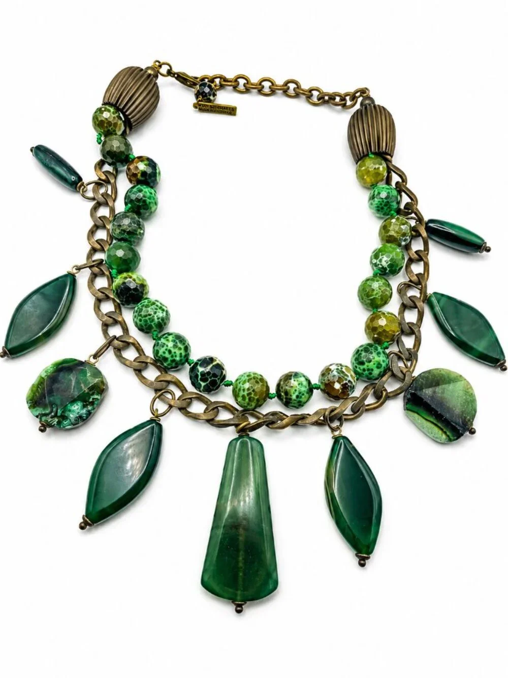 Jan Michaels San Francisco Green Agate Statement Necklace Artisan Brass